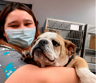 Young woman holding dog at vet office.